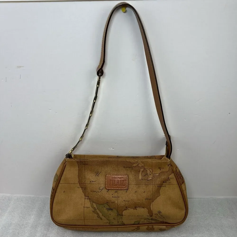 Alviero Martini 1A Classe Geo Map Print Coated Canvas Shoulder Bag Vtg Y2K - Picture 3 of 16
